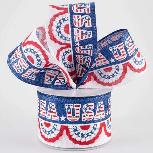 2 1/2" Patriotic Flag Bunting USA Wired Ribbon: White - 1 Yard