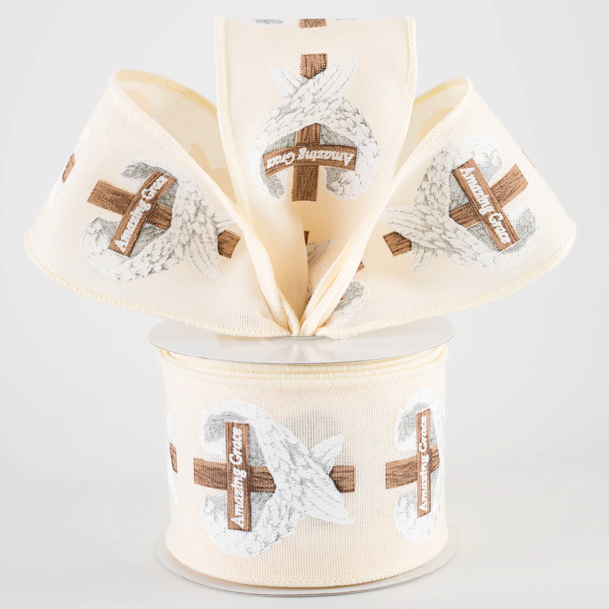 2 1/2" Amazing Grace Cross & Wings Wired Ribbon: Cream - 1 Yard