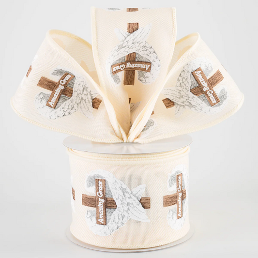 2 1/2" Amazing Grace Cross & Wings Wired Ribbon: Cream - 1 Yard