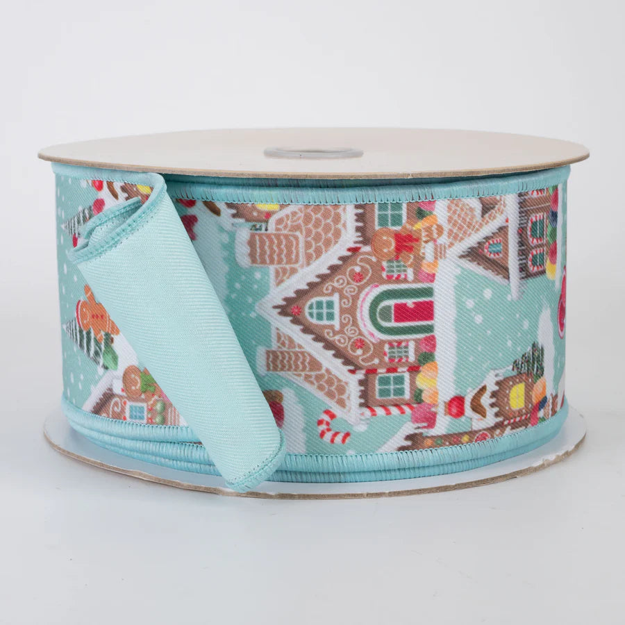 2 1/2" Double Sided Fused Gingerbread Village Wired Ribbon: Light Blue - 1 Yard