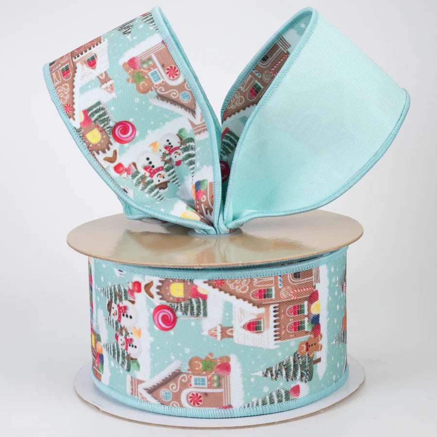 2 1/2" Double Sided Fused Gingerbread Village Wired Ribbon: Light Blue - 1 Yard