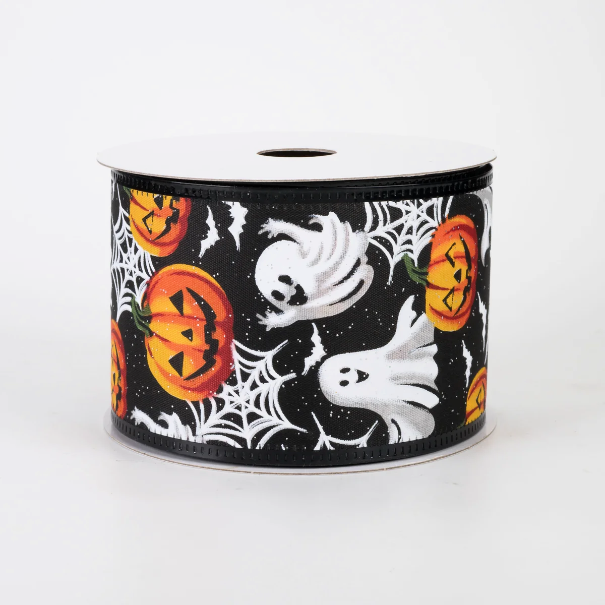 2 1/2" Glittered Ghosts & Pumpkins Wired Ribbon: Black - 1 Yard