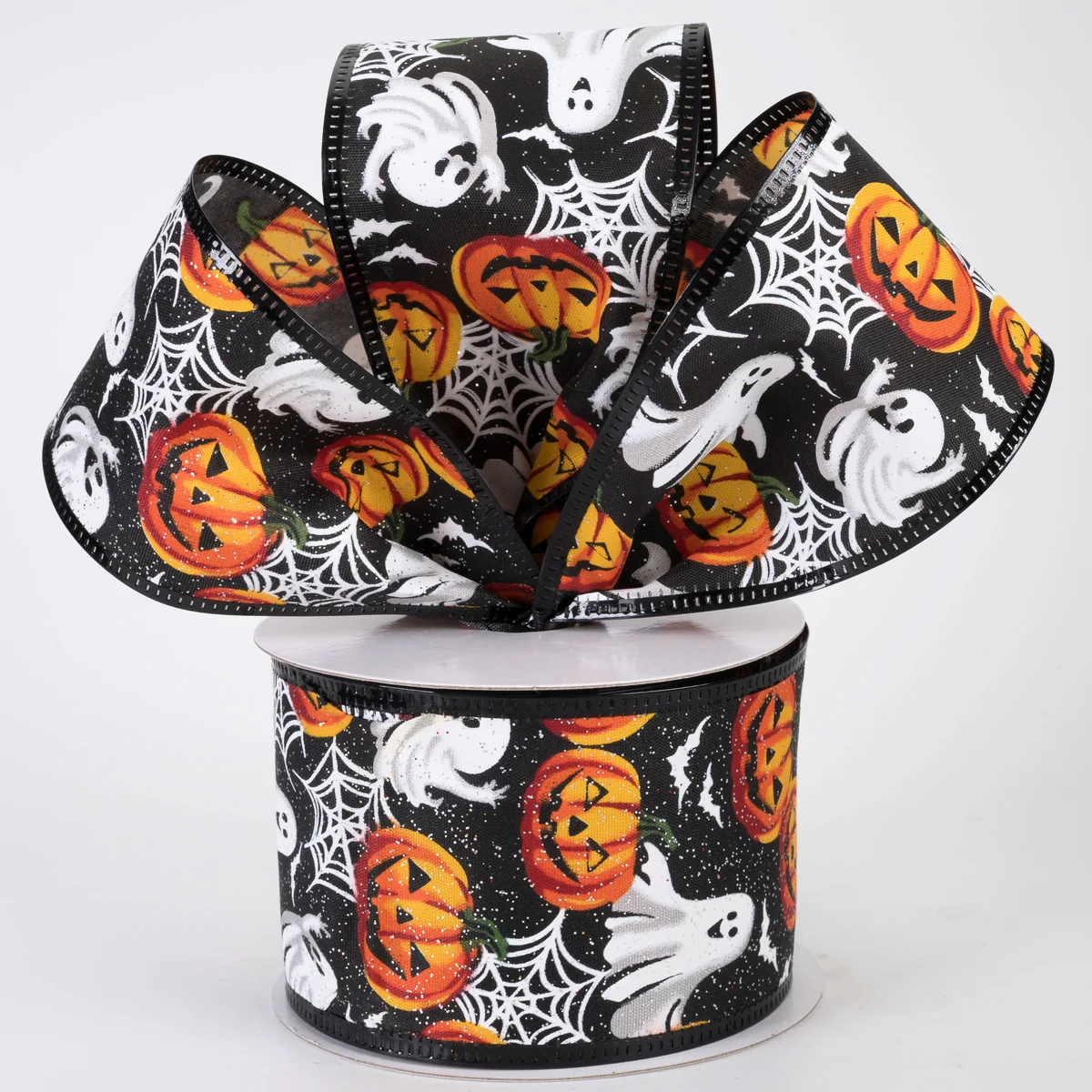 2 1/2" Glittered Ghosts & Pumpkins Wired Ribbon: Black - 1 Yard