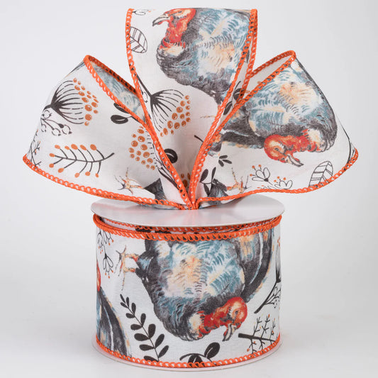 2 1/2" Watercolor Turkeys & Leaves Wired Ribbon - 1 Yard