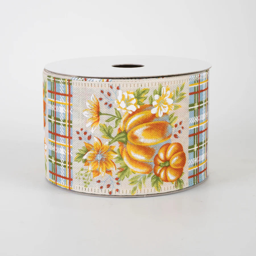 2 1/2"  Blue & Orange Pumpkins and Plaid Wired Ribbon: Ivory Linen - 1 Yard