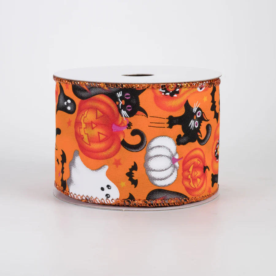 2 1/2" Vintage Cutie Halloween Wired Ribbon: Orange - 1 yard