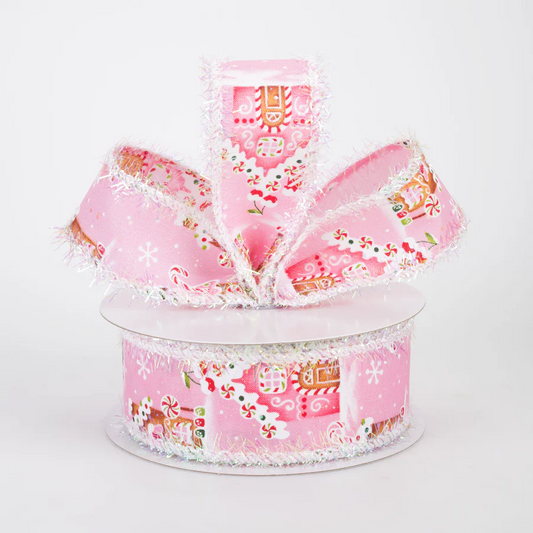 1 1/2" Tinsel Edge Gingerbread Sweet Shop Wired Ribbon: Pink - 1 Yard