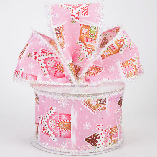 2 1/2" Tinsel Edge Gingerbread Sweet Shop Wired Ribbon: Pink - 1 Yard