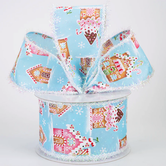 2 1/2" Tinsel Edge Gingerbread Sweet Shop Wired Ribbon: Blue - 1 Yard