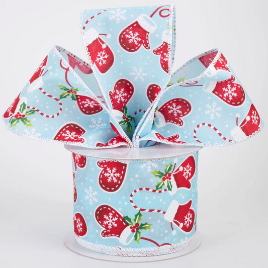 2 1/2" Snowflakes & Mittens Satin Wired Ribbon: Blue - 1 Yard