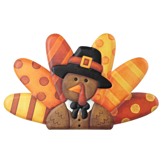 14" Embossed Metal Hanger: Thanksgiving Pilgrim Turkey
