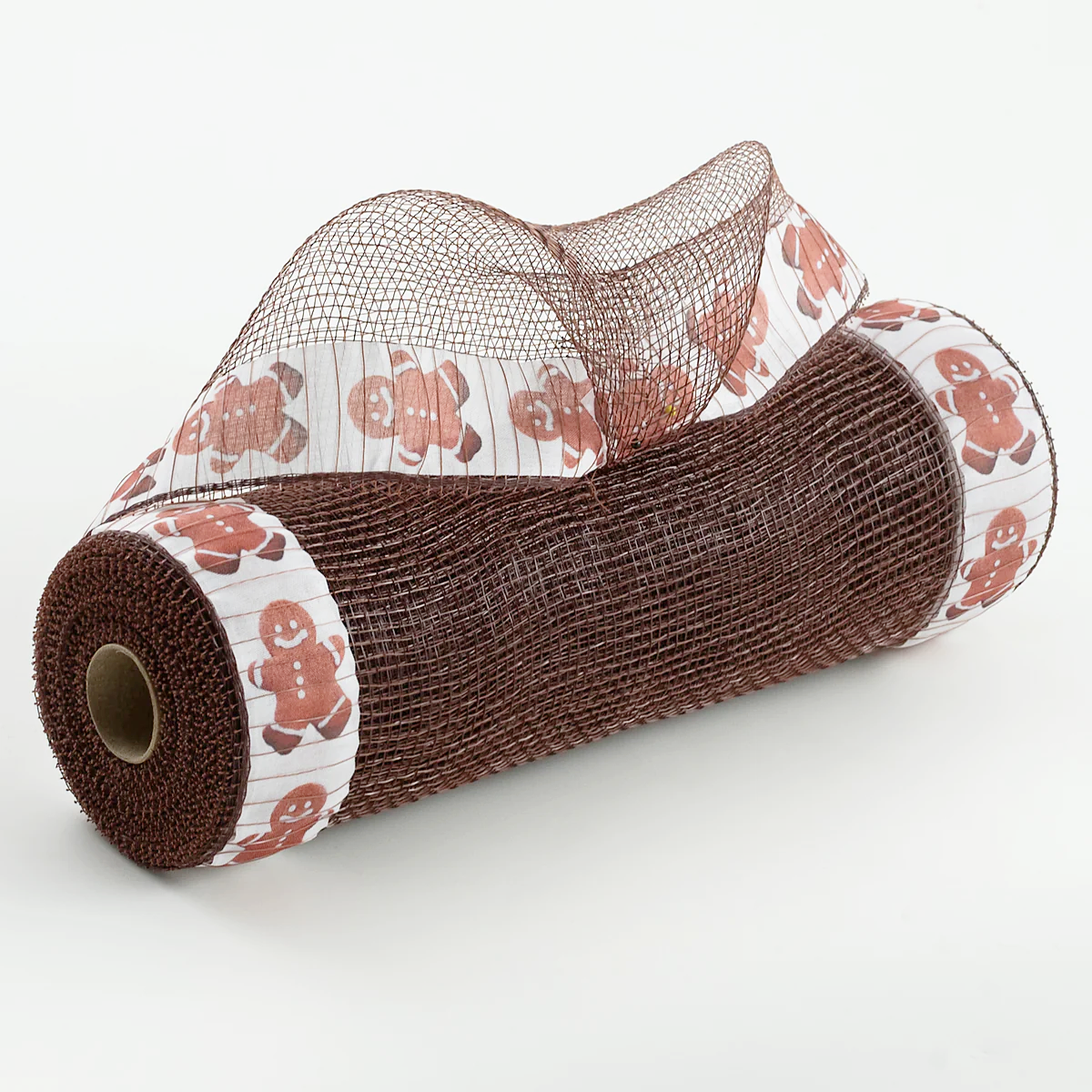 10" Fabric Edge Mesh: Gingerbread Man on Brown - 10 Yard Roll