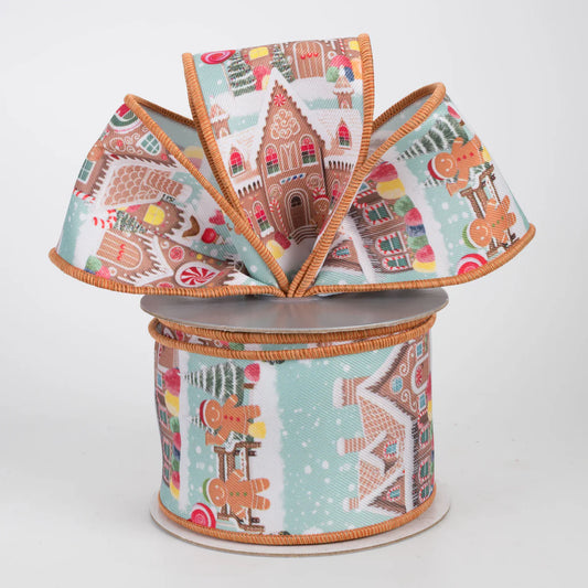2 1/2" Brilliance Digital Print Gingerbread Village Wired Ribbon - 1 Yard