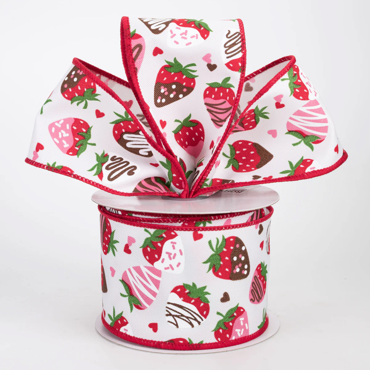 2 1/2" Chocolate Covered Strawberries Wired Ribbon: White - 1 Yard