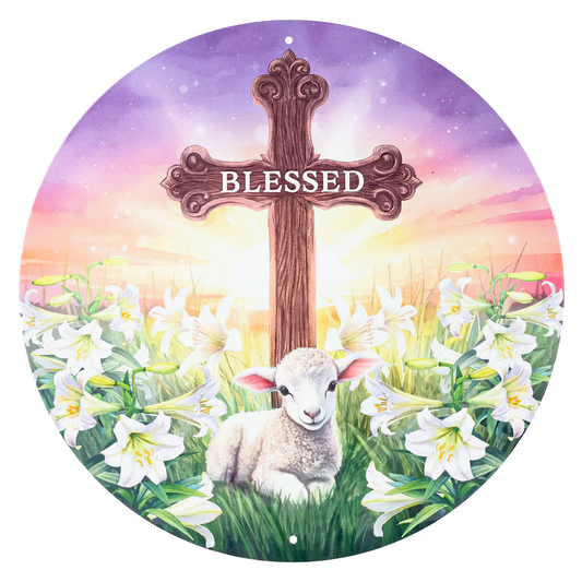 12" Round Metal Sign: Blessed Cross with Lamb