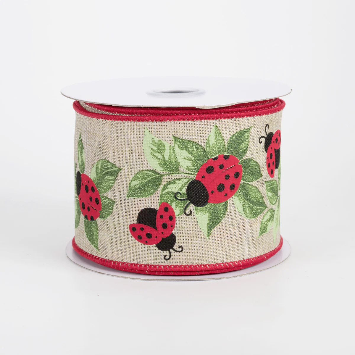 2 1/2" Ladybugs & Leaves Wired Ribbon: Natural - 1 Yard