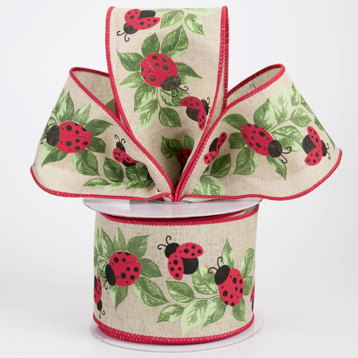 2 1/2" Ladybugs & Leaves Wired Ribbon: Natural - 1 Yard