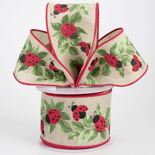 2 1/2" Ladybugs & Leaves Wired Ribbon: Natural - 1 Yard