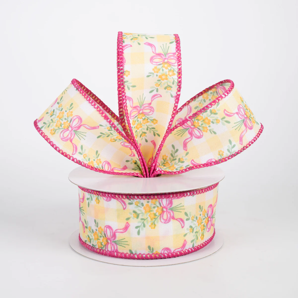 1 1/2" Satin Flower Bow Bouquet Wired Ribbon: White & Yellow - 1 Yard