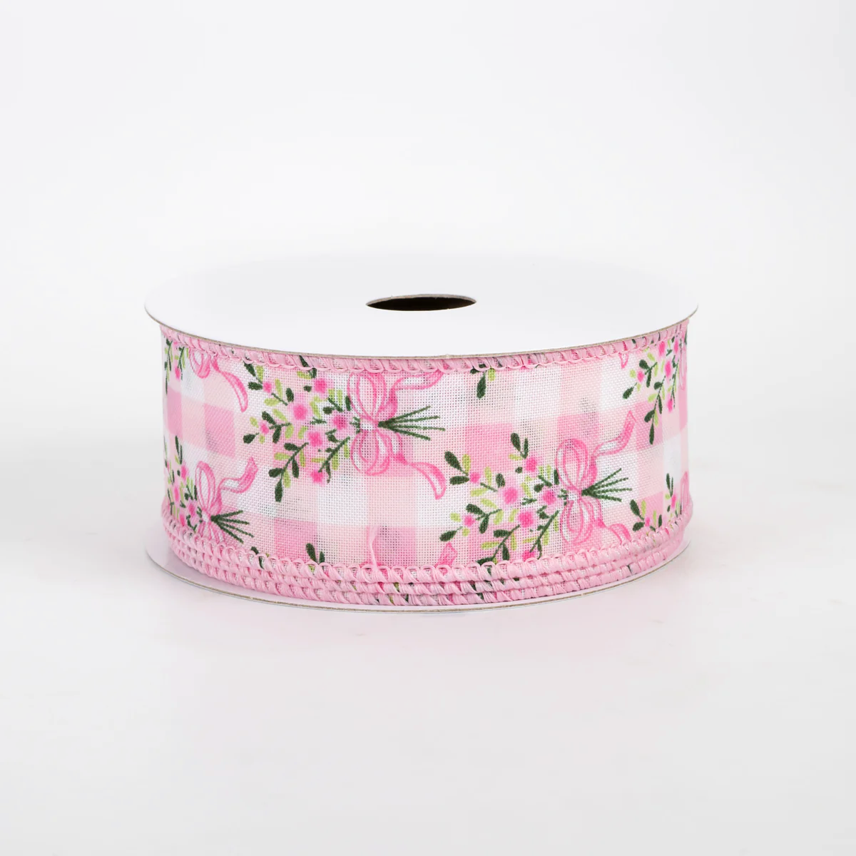 1 1/2" Satin Flower Bow Bouquet Wired Ribbon: White & Pink - 1 Yard