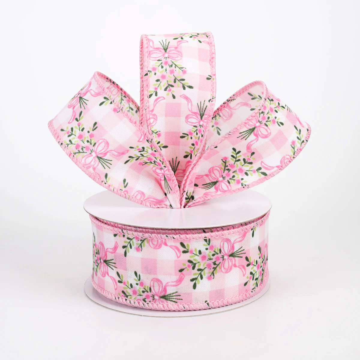 1 1/2" Satin Flower Bow Bouquet Wired Ribbon: White & Pink - 1 Yard