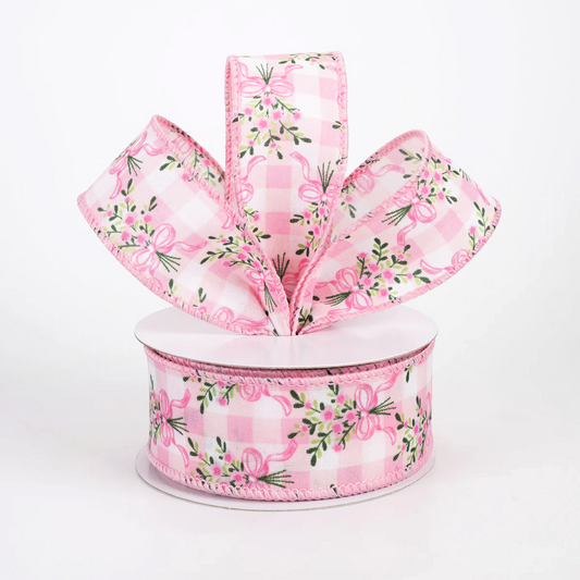 1 1/2" Satin Flower Bow Bouquet Wired Ribbon: White & Pink - 1 Yard