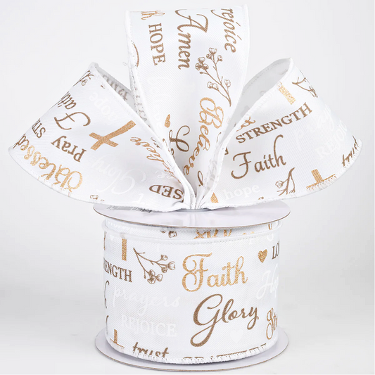2 1/2" Words of Faith Wired Ribbon: White - 1 Yard