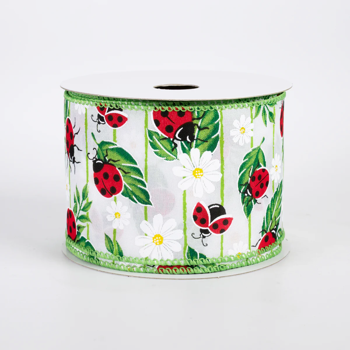 2 1/2" Satin Ladybugs on Leaves Wired Ribbon: White - 1 Yard