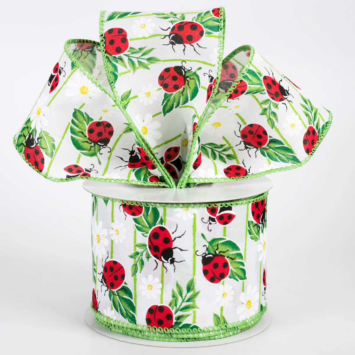 2 1/2" Satin Ladybugs on Leaves Wired Ribbon: White - 1 Yard