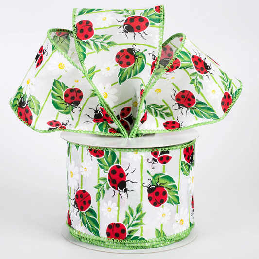 2 1/2" Satin Ladybugs on Leaves Wired Ribbon: White - 1 Yard