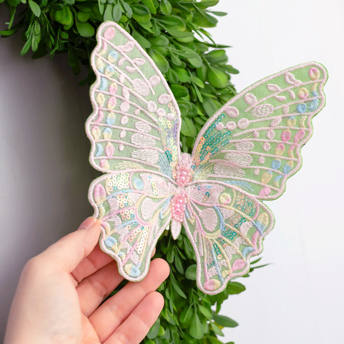 6" Embroidery Butterfly Clip: Pastel Moss Green