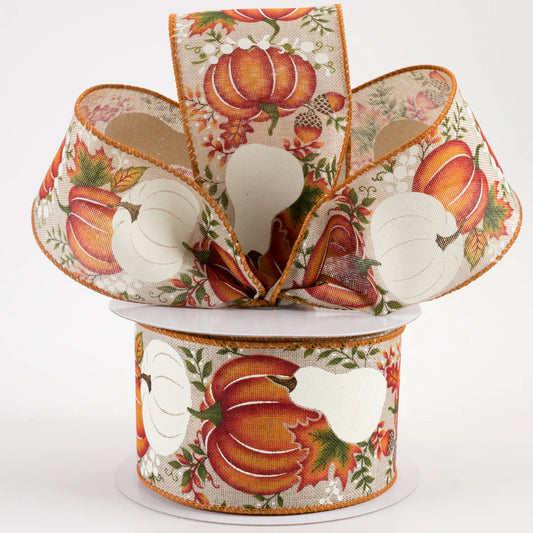 2 1/2" Linen Fall White Pumpkins & Gourds Wired Ribbon: Natural - 1 Yard