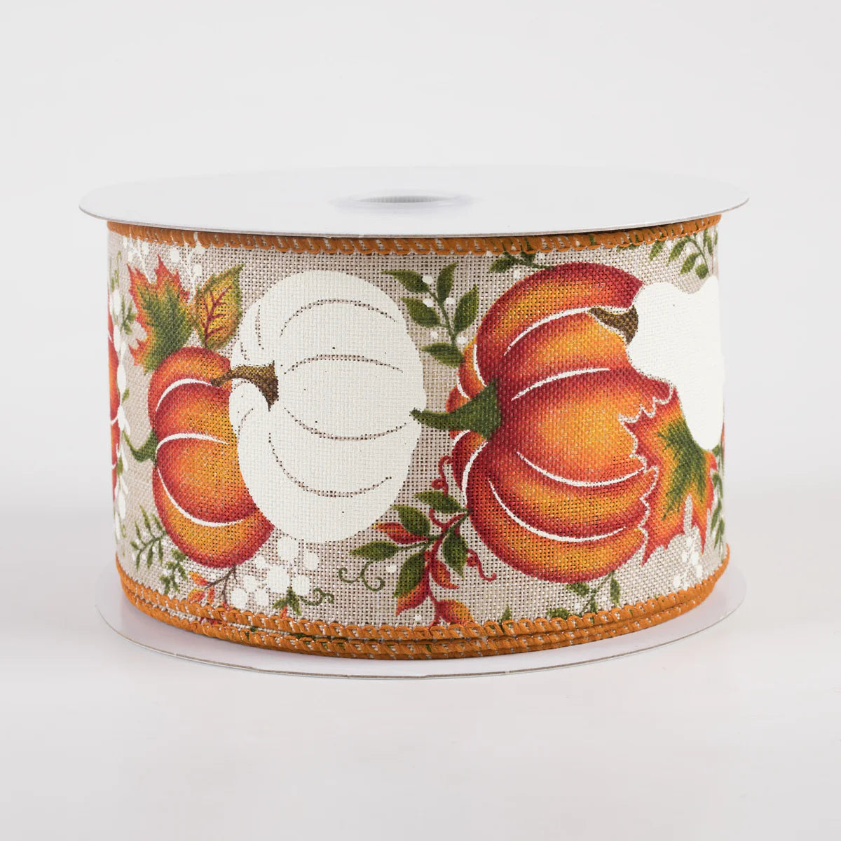 2 1/2" Linen Fall White Pumpkins & Gourds Wired Ribbon: Natural - 1 Yard