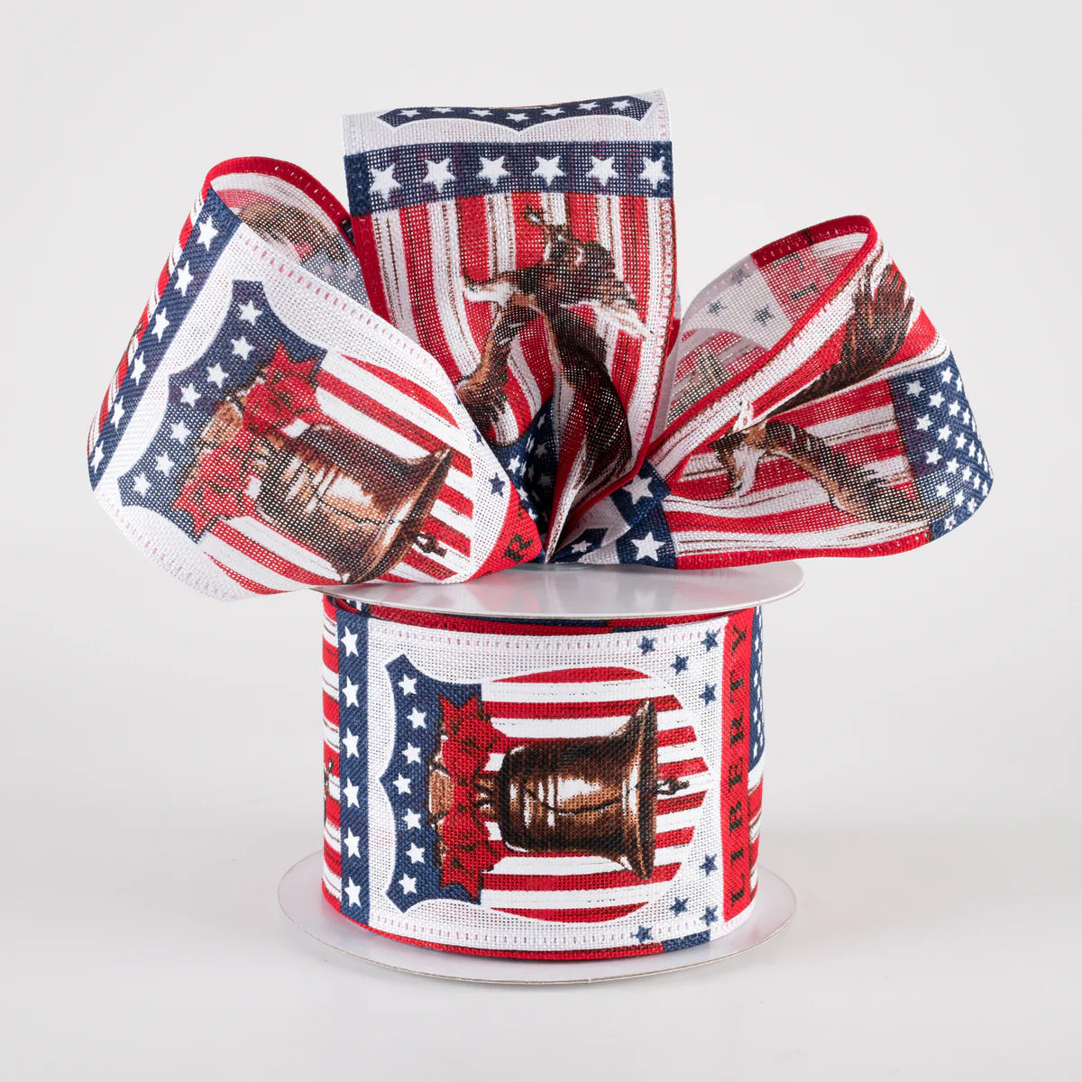 2 1/2" Linen Liberty Bell and Eagle Wired Ribbon: White - 1 Yard