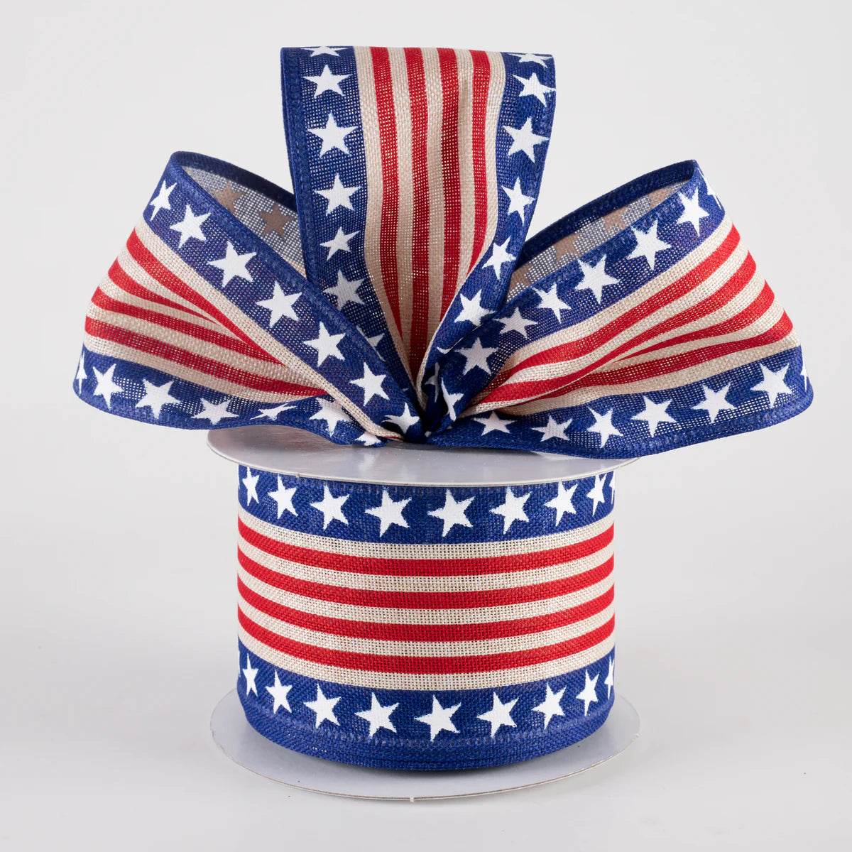2 1/2" Linen Patriotic Stars & Cabana Stripes Wired Ribbon: Natural - 1 Yard