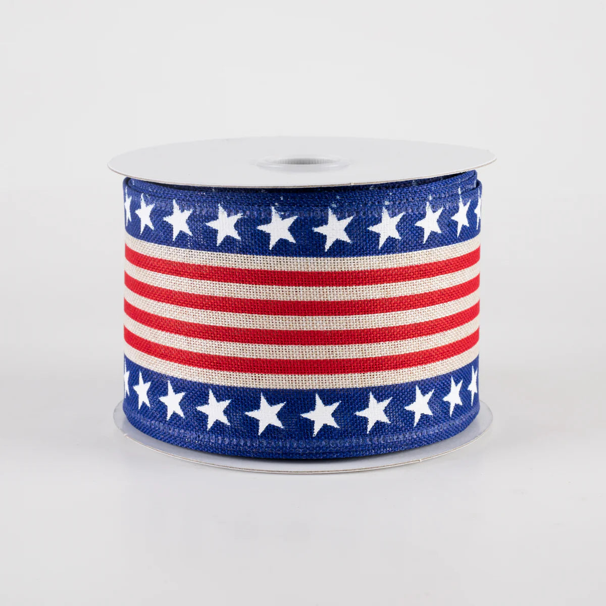 2 1/2" Linen Patriotic Stars & Cabana Stripes Wired Ribbon: Natural - 1 Yard