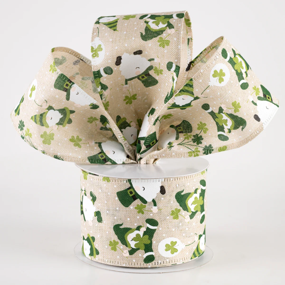 2 1/2" Linen St. Pat Leprechaun Gnomes Wired Ribbon: Natural - 1 Yard