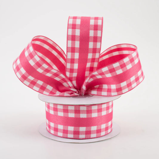 1 1/2" Mini Gingham With Center Stripe Lightly Wired Ribbon: Hot Pink & White - 1 Yard