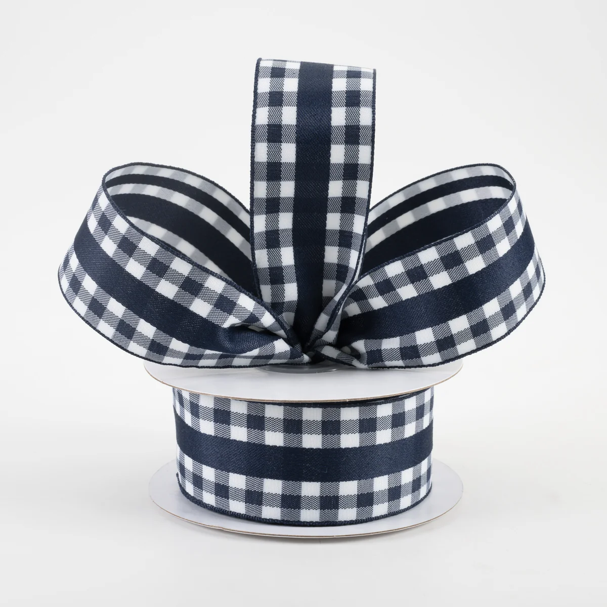 1 1/2" Mini Gingham With Center Stripe Lightly Wired Ribbon: Navy Blue & White - 1 Yard