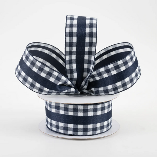 1 1/2" Mini Gingham With Center Stripe Lightly Wired Ribbon: Navy Blue & White - 1 Yard