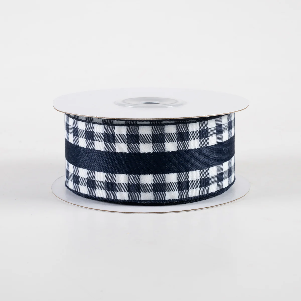 1 1/2" Mini Gingham With Center Stripe Lightly Wired Ribbon: Navy Blue & White - 1 Yard