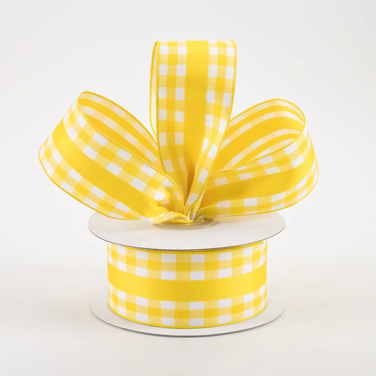 1 1/2" Mini Gingham With Center Stripe Lightly Wired Ribbon: Yellow & White - 1 Yard