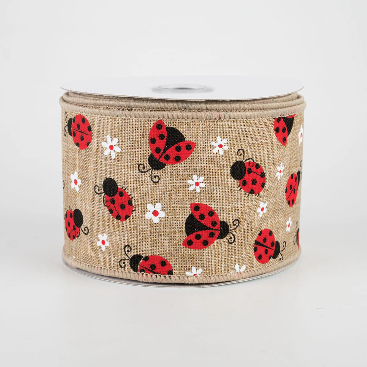 2 1/2" Mini Ladybugs Wired Ribbon: Light Beige - 1 Yard