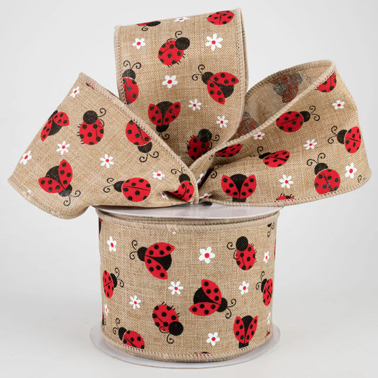 2 1/2" Mini Ladybugs Wired Ribbon: Light Beige - 1 Yard