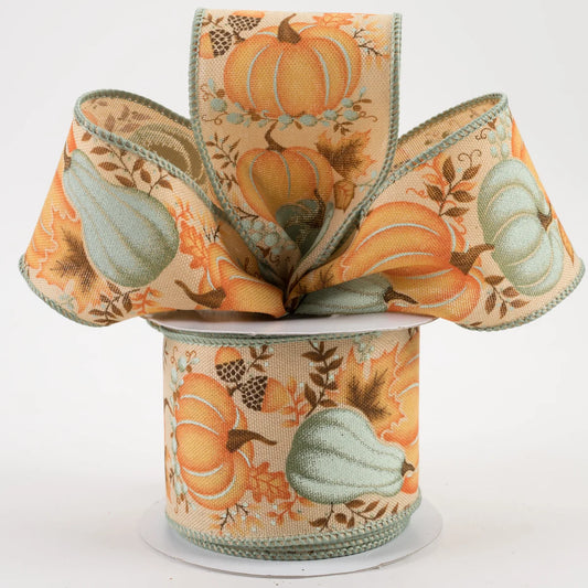 2 1/2" Pumpkin, Gourd, Leaves Wired Ribbon: Tan, Light Orange, Light Sage
