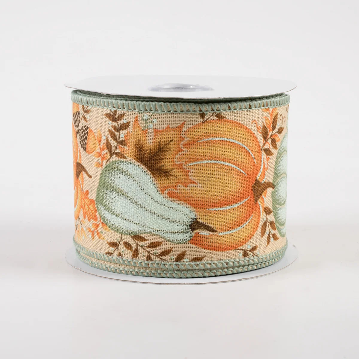 2 1/2" Pumpkin, Gourd, Leaves Wired Ribbon: Tan, Light Orange, Light Sage