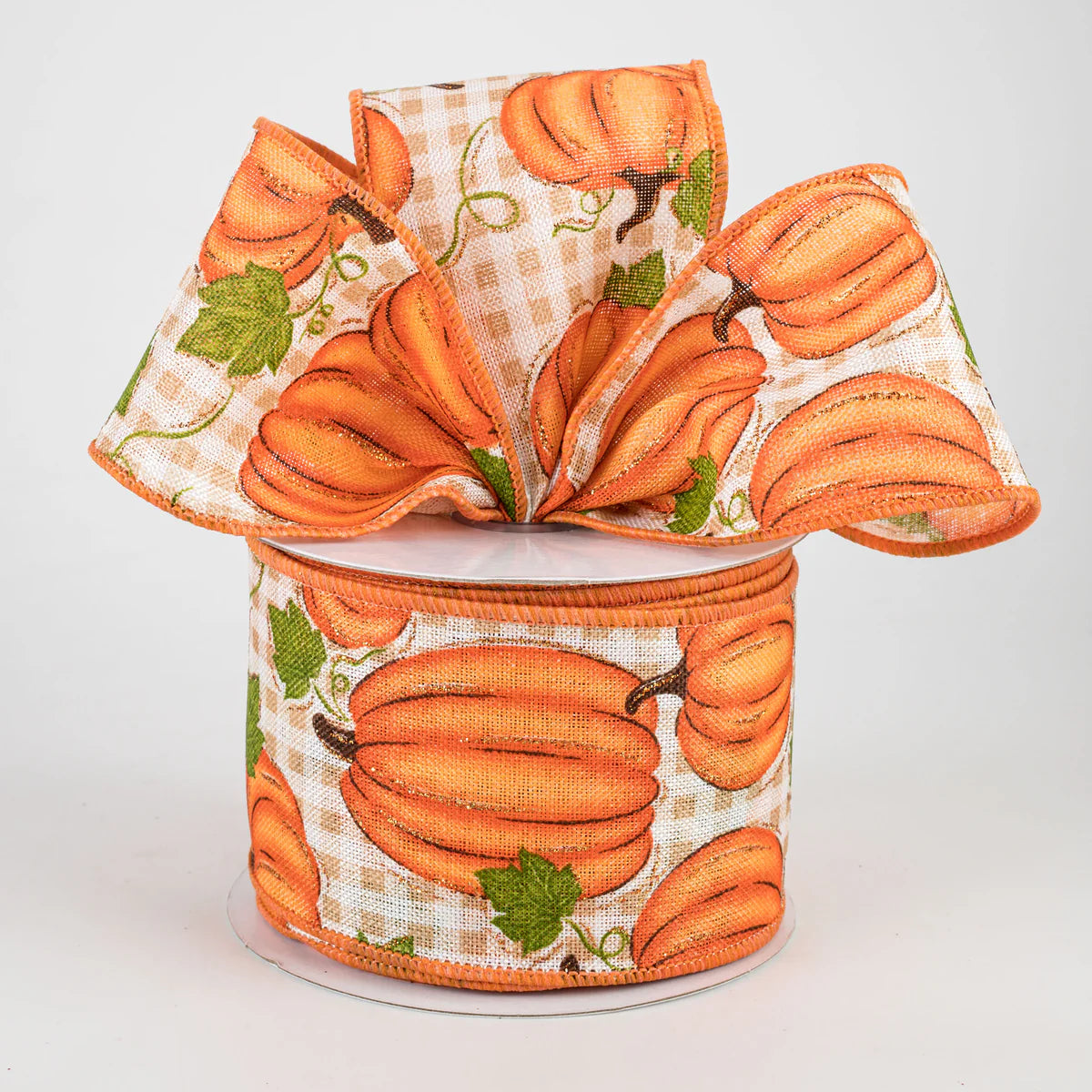 2 1/2" Pumpkin Patch Check Wired Ribbon: Orange, Moss, Beige, Ivory -1 Yard