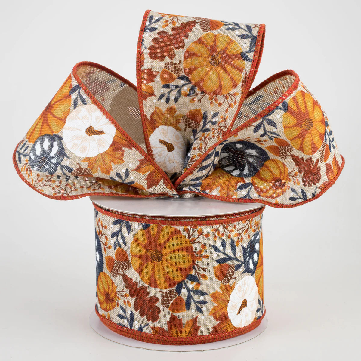 2 1/2" Pumpkins & Fall Foliage Wired Ribbon: Beige, Mustard, Orange, Navy - 1 Yard
