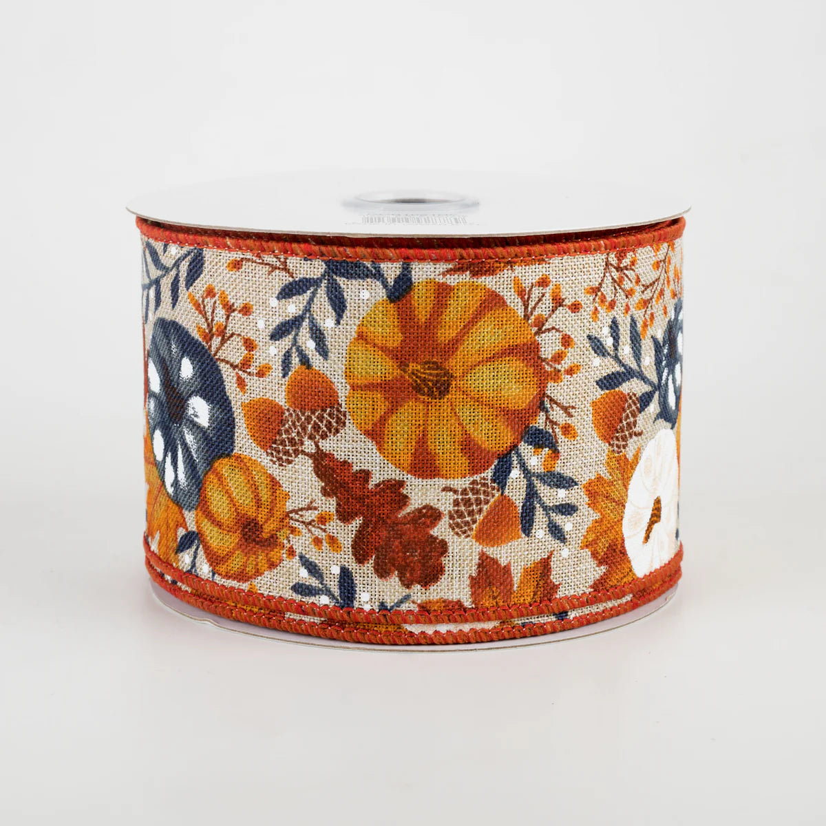 2 1/2" Pumpkins & Fall Foliage Wired Ribbon: Beige, Mustard, Orange, Navy - 1 Yard