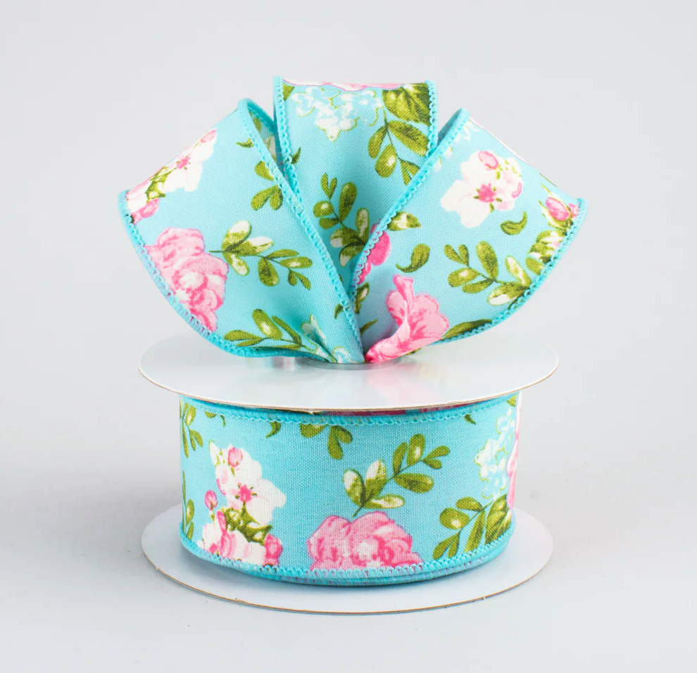 1 1/2" Rose Floral Wired Ribbon: Blue - 1 Yard